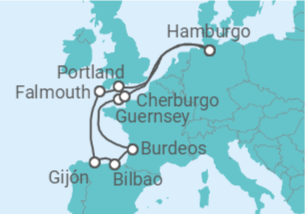Itinerario del Crucero Reino Unido, España, Guernsey, Francia TI - AIDA