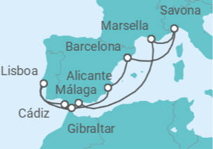 Itinerario del Crucero Portugal, España, Gibraltar, Francia, Italia - Costa Cruceros