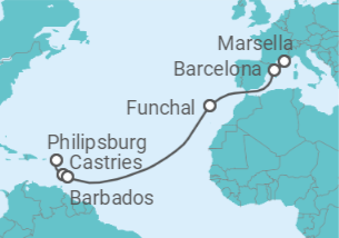Itinerario del Crucero De las Antillas hasta Marsella - MSC Cruceros