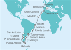 Itinerario del Crucero Tramo de Vuelta al mundo. De Marsella a Santiago de Chile - Costa Cruceros