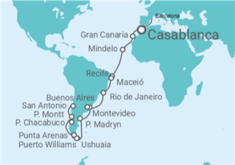 Itinerario del Crucero Tramo de Vuelta al mundo. De Barcelona a Santiago de Chile - Costa Cruceros