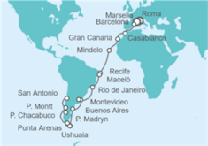 Itinerario del Crucero Tramo de Vuelta al mundo. De Roma a Santiago de Chile - Costa Cruceros