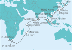 Itinerario del Crucero Vuelta al mundo 2025: de Tokio a Ciudad del Cabo - AIDA