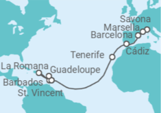 Itinerario del Crucero Francia, España, Barbados y República Dominicana - Costa Cruceros