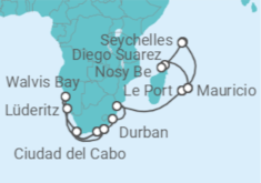 Itinerario del Crucero Trotamundos de Ciudad del Cabo a Mauricio - AIDA