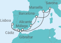Itinerario del Crucero Portugal, España, Gibraltar, Francia, Italia - Costa Cruceros