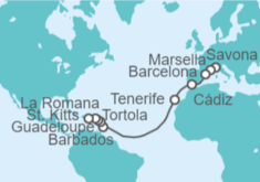 Itinerario del Crucero Francia, España, Barbados, Guadalupe, Islas Vírgenes - Reino Unido - Costa Cruceros